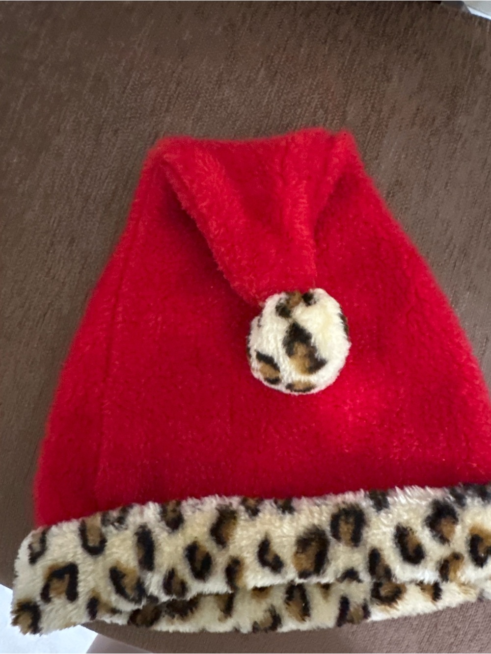 Red Knit Pom-Pom Hat with Leopard-Print Faux Fur Trim
